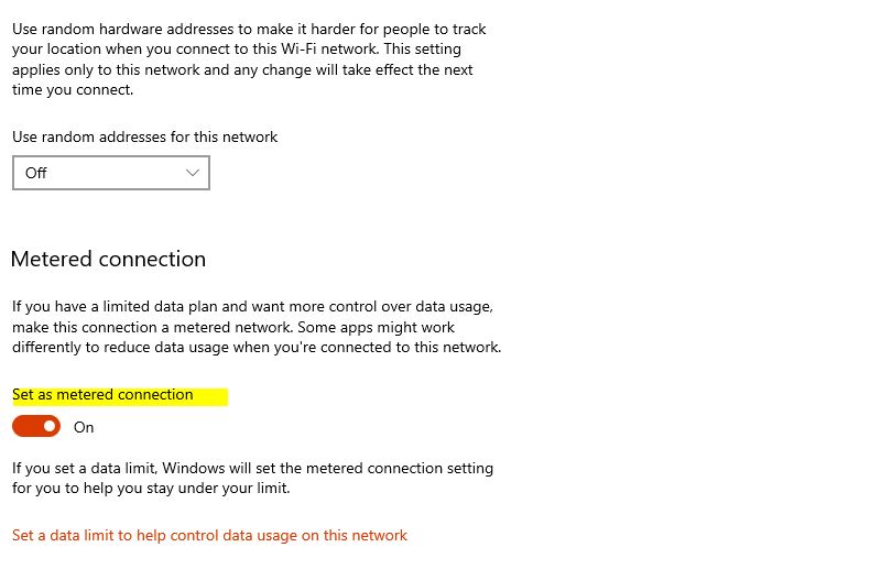 Windows 10 Settings, Network & Internet, Wifi, Metered Network
