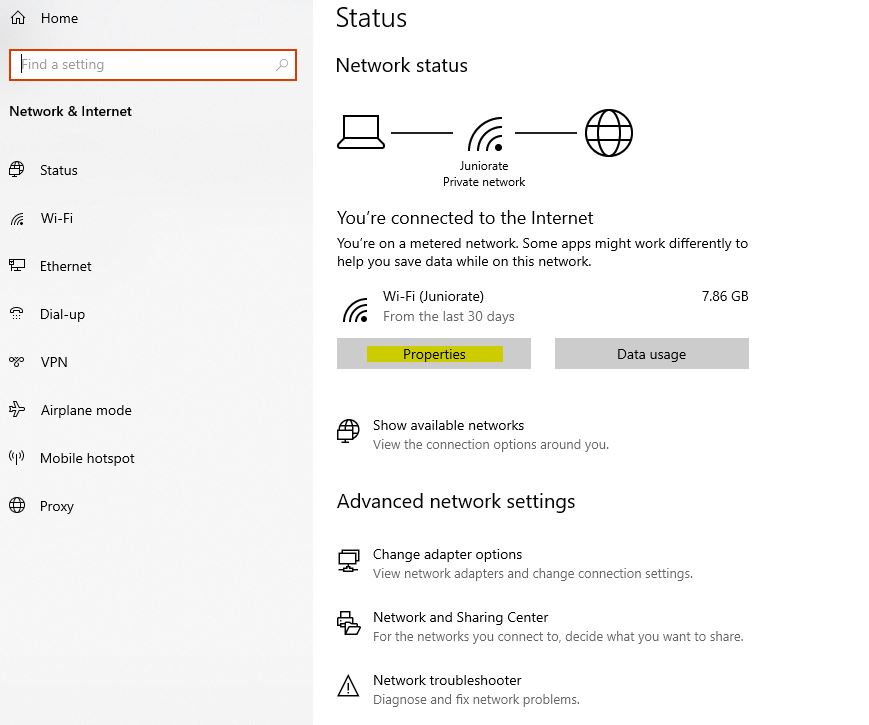 Windows 10 Settings, Network & Internet